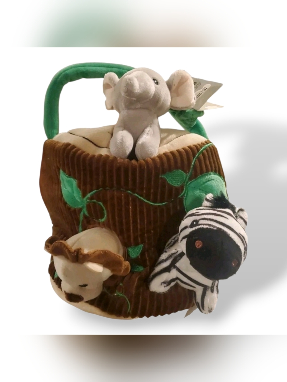 Plush Animal Basket with Elephant, Lion, and Zebra